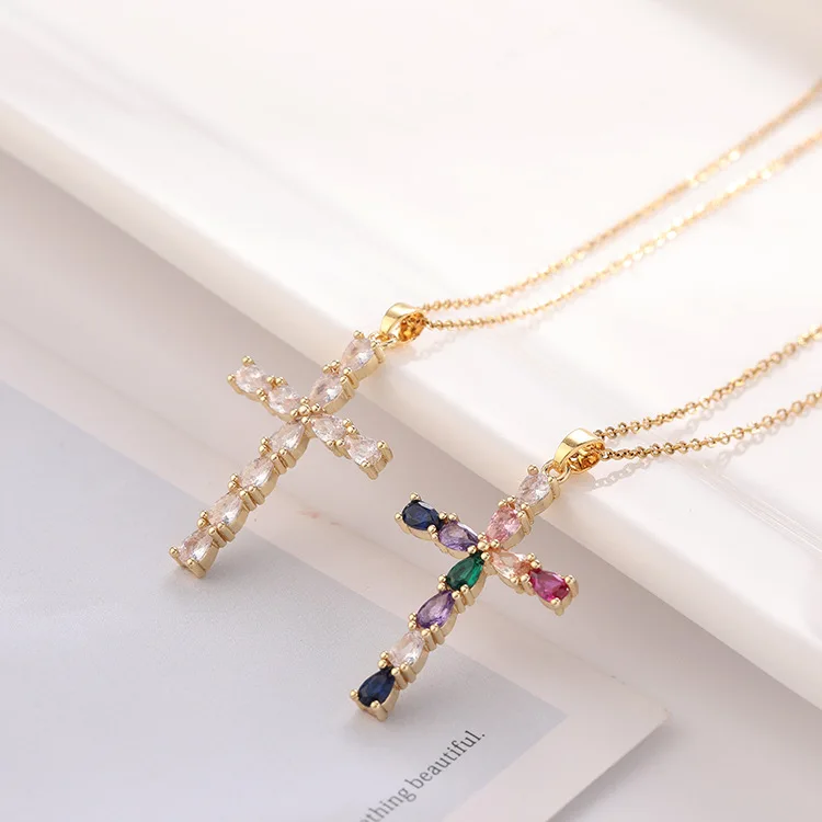 Fashion Copper Gold Plated Cross Necklace Colorful Rhinestone Pendant Necklace For Women