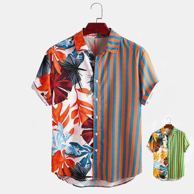 

2021 Wholesale Man Beach Shirt Fashion Men Hawaiian Shirt Short Sleeve Streetwear Print Striped Summer Chic Blouse