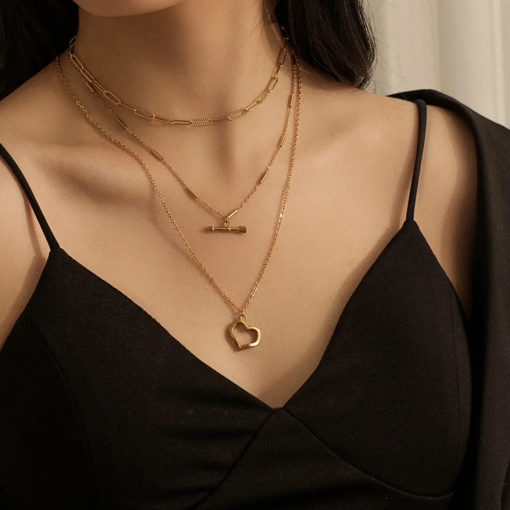 

Korea Fashionable Hollow Out Heart Pendant Necklace Multi Layers Stainless Steel Necklace, Silver