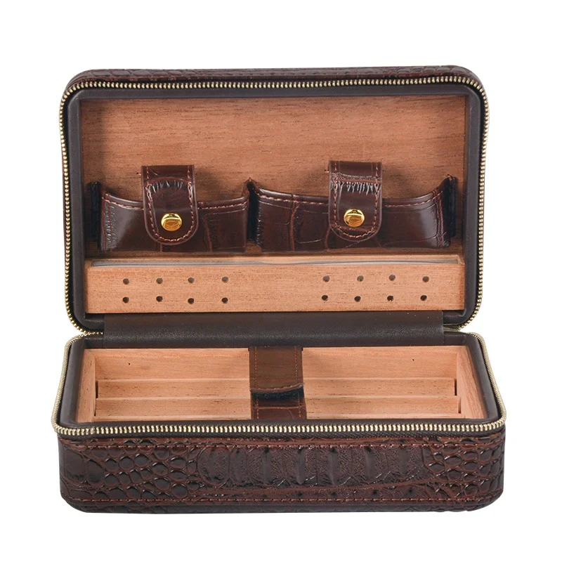 

Factory Wholesale Cigar Travel Humidor Cedar Wood Leather Cigar Case with Cigar Accessories Gift Set