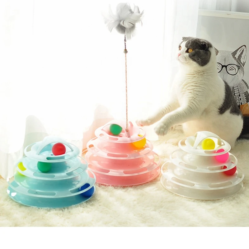 

Wholesale Four Layer Tower of Tracks Cat Toy Turntable Puzzle Track Toys With Spring Mouse Rolling Ball, Blue/pink/white