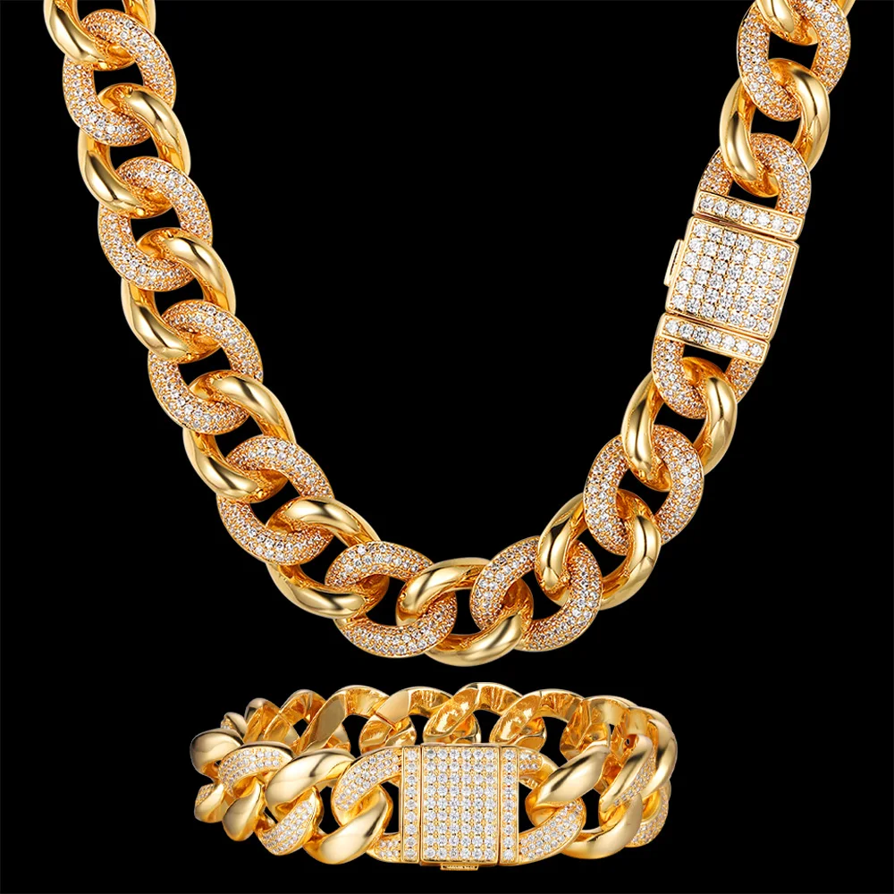 

Luxury Zircon CZ Hip Hop Miami Cuban Link Chain 19mm Large Bracelet Men Necklace Wholesale Iced Out Street Rapper Jeweley