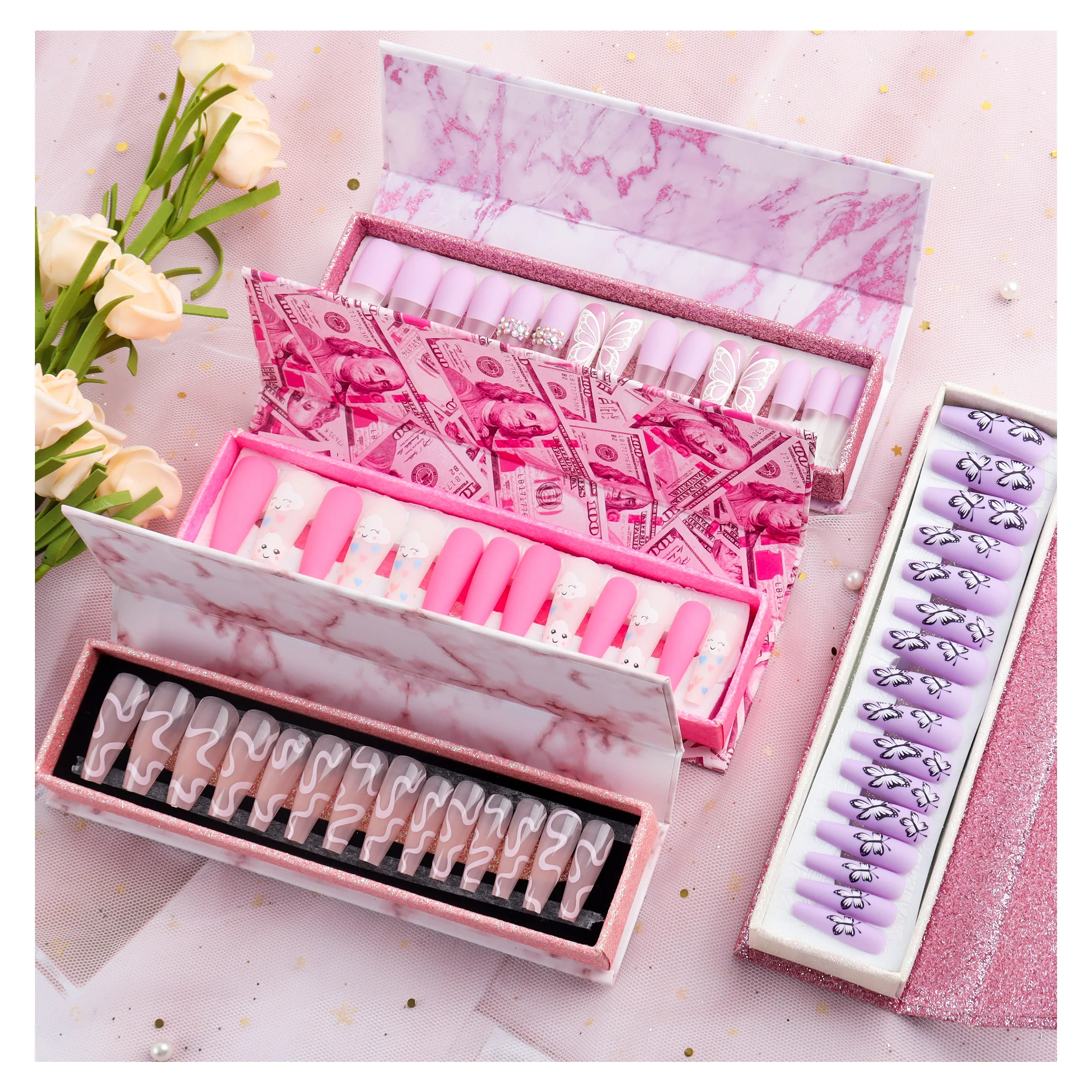 

Wholesale Long Coffin Press On Artificial Nails Custom Luxury False Nails Colorful Matte Ballerina Nails With Diamond