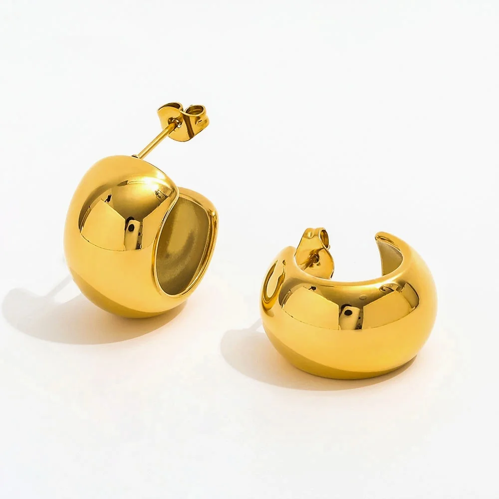 JOOLIM  High End 18K Gold Plated Chunky Smooth Cambered Surface Band C Hoop Earring Stainless Steel Jewelry for Women