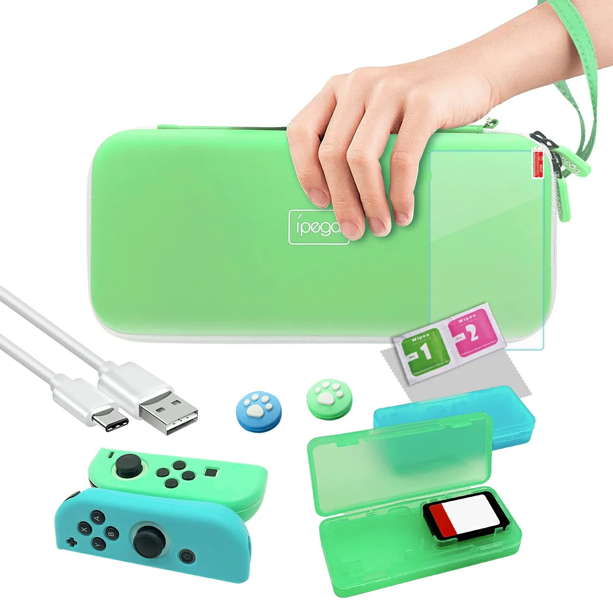 

ipega 12 in 1 set storage bag + silicone cover + card box + tempered film set elite controller Game Accessories Kit for Switch, Green