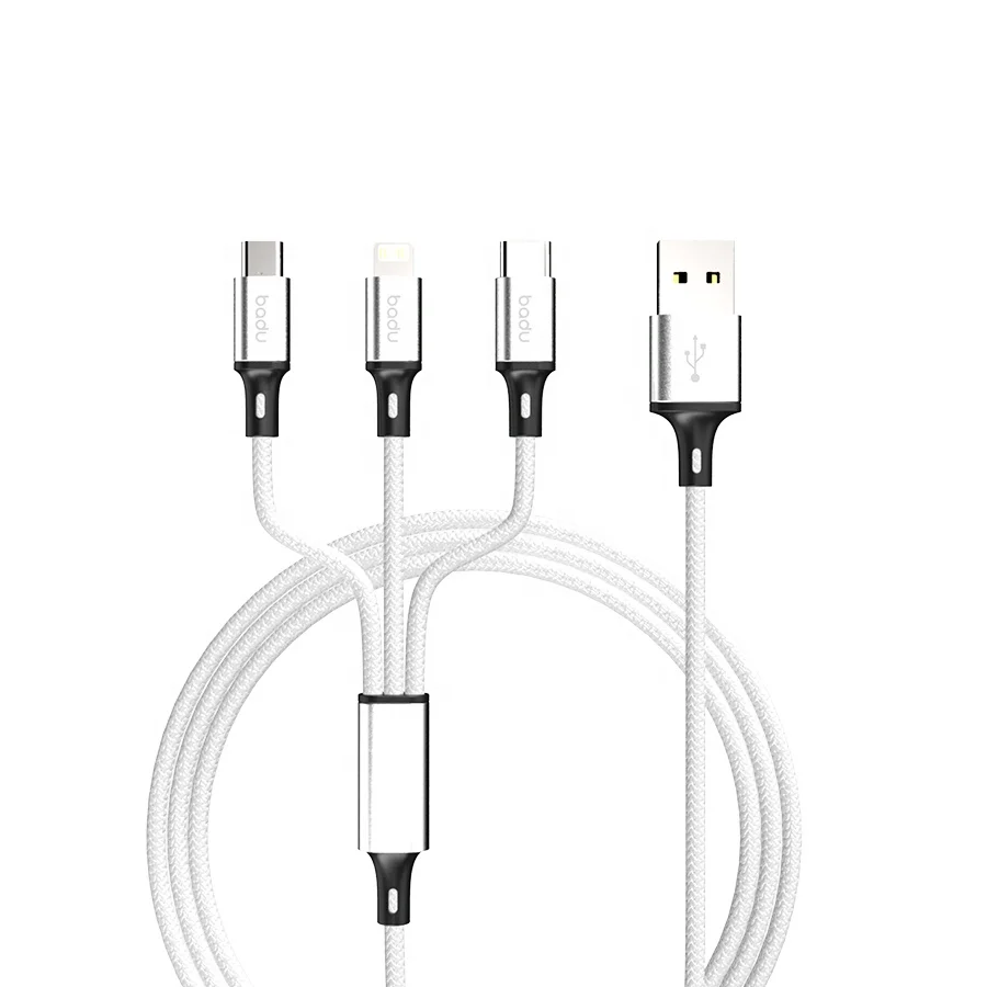 

Wholesale Hot Sale mobile phone 3 in 1 Micro USB Lightning Type-C Fast iPhone Charging Cable USB C Cable Nylon material, White/black/red/blue