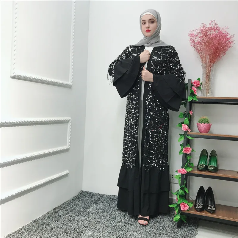 

2019 latest arrival abaya designs black with sequins tesseels Material Abaya for Women
