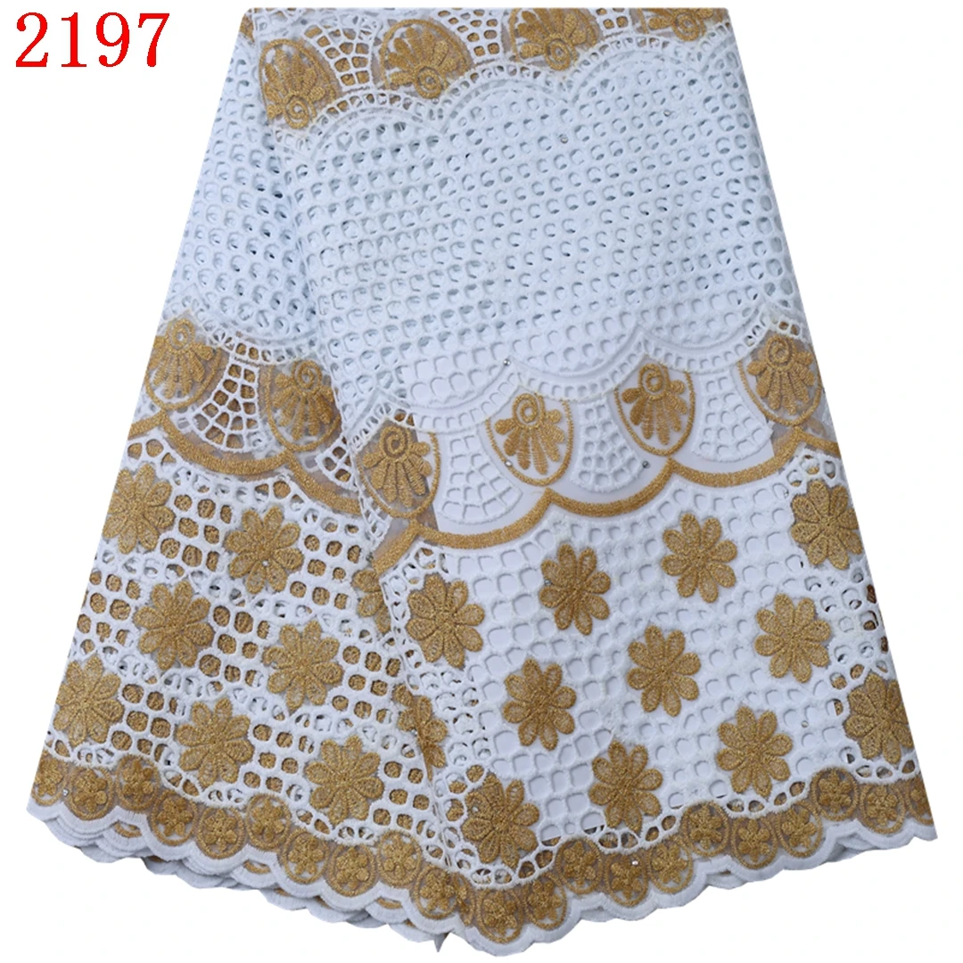 

White Gold Nigerian Swiss Voile Cotton Lace Fabric Embroidery 100% Cotton Lace AfricanCotton Lace Fabric 2197