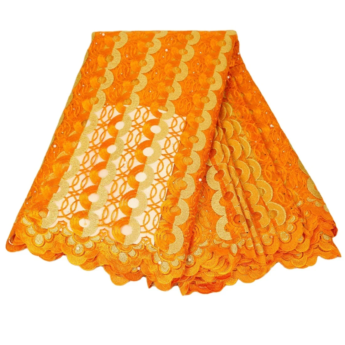 

Bright orange african french lace fabrics dubai embroidery with pearls, As pictured
