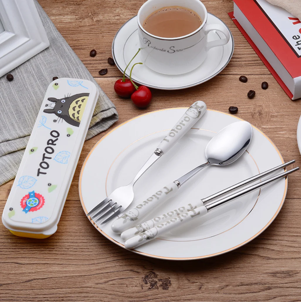 Creative ceramic handle chopsticks children tableware set cartoon spoon gift set of 3 stainless steel fork