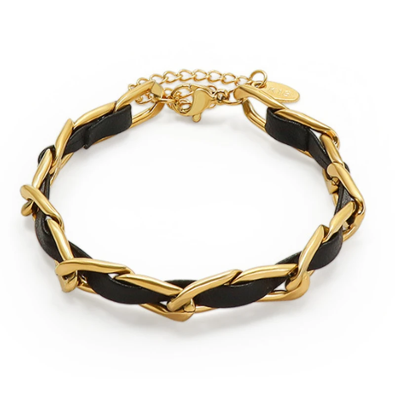 

Personality Hiphop 18K Gold Color 19cm Stainless Steel Link Chain Black Leather Bracelet