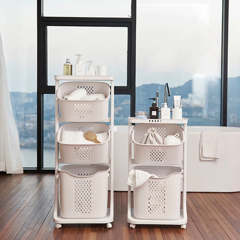 3-layer Plastic Bathroom Decor Storage Laundry Basket with Wheels Plastic Dirty Clothes Basket