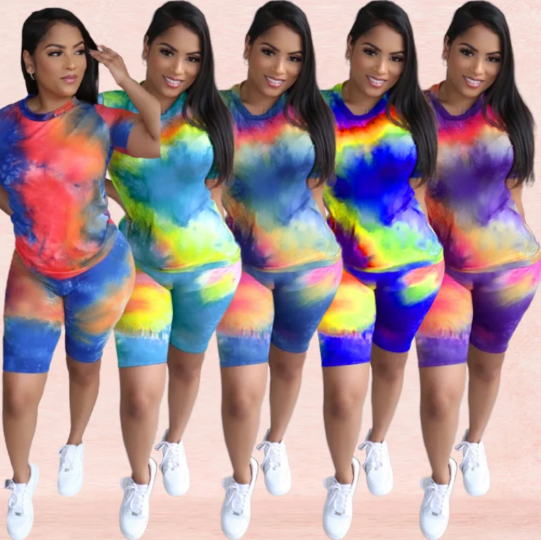 

Summer 2021 New Hot Casual Women Fashion Tie Dye Rainbow Color Sweat short pants two piece Set 2 Piece Biker Short Set