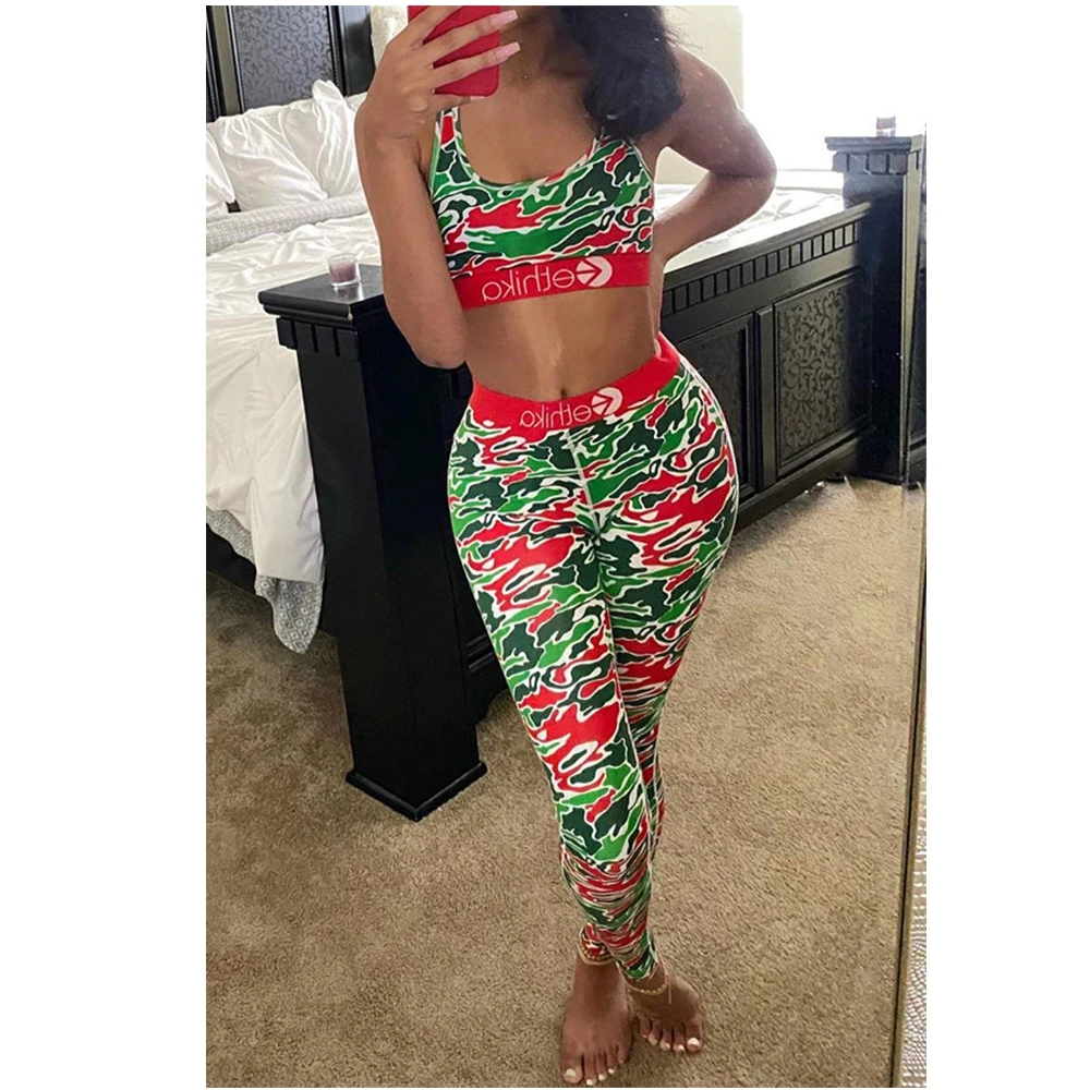 

Wholesale woman clothing camouflage printed sports wear set waistcoat sleeveless sport two pcs ethika women set