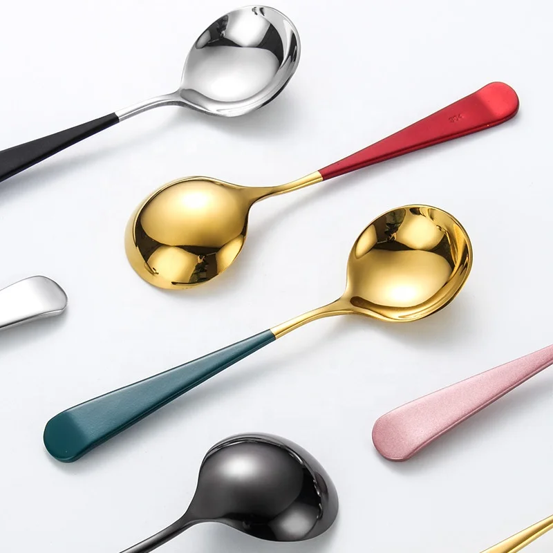 

NEW Arrivals Korean Style Gold Plated Stainless Steel Spoons Bulk Metal Round Soup Spoon for Ramen Dessert