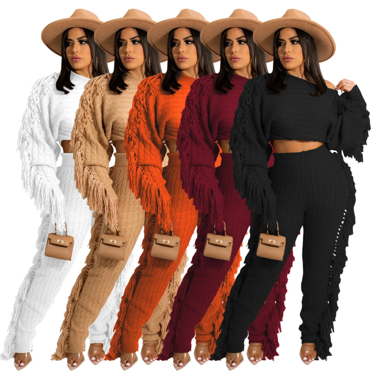 

Hot Solid color Casual tassel tracksuit autumn long sleeve Off-shoulder knitting Loose pant women two piece set suit