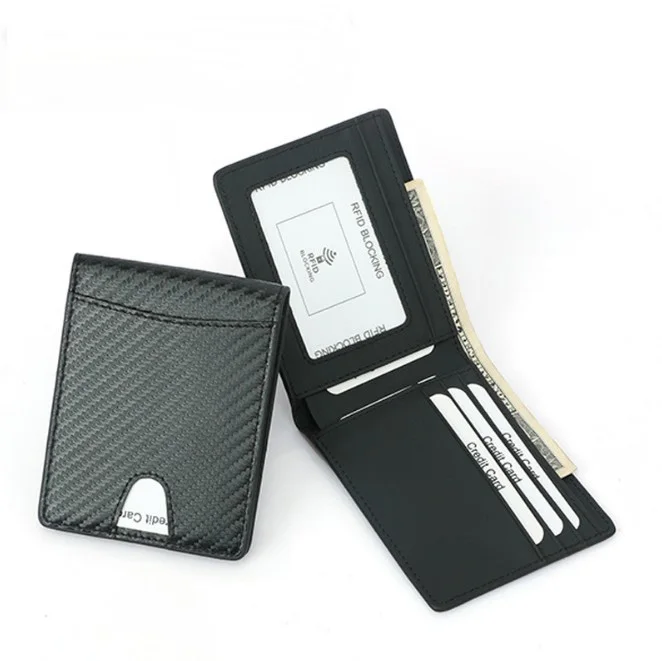 

RFID Security Carbon Fiber Card Holder Leather Front Pocket Wallet For Men