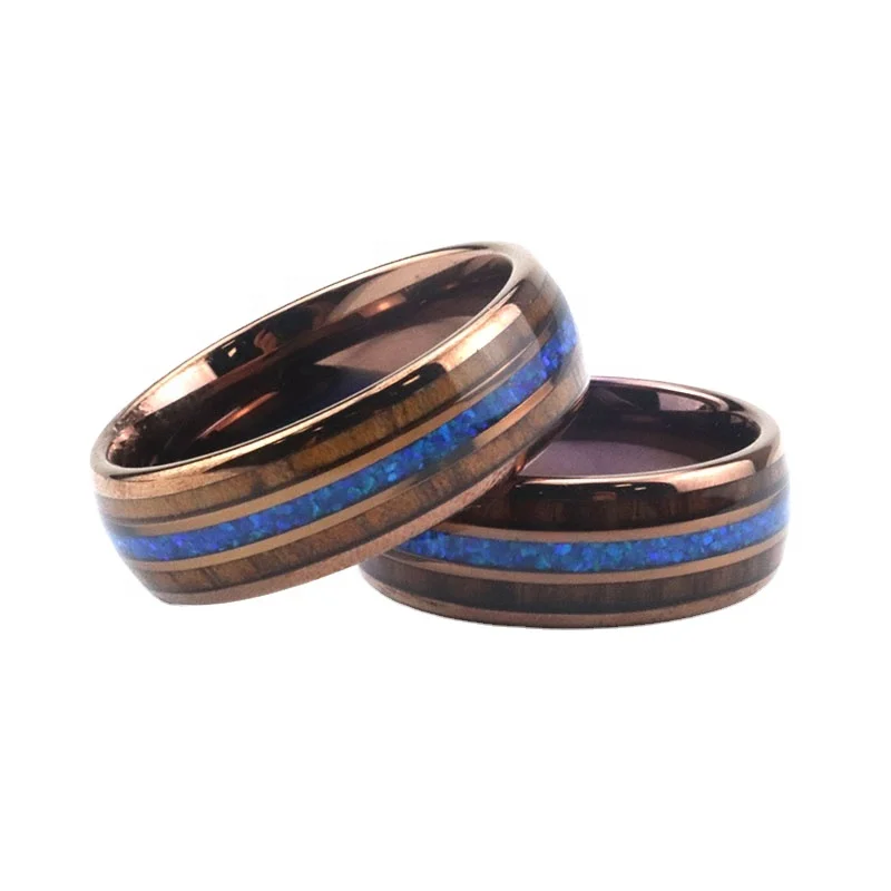 

Poya New Custom 8mm Rounded Edge Opal Real Koa Wood Inlay Mens Tungsten Ring