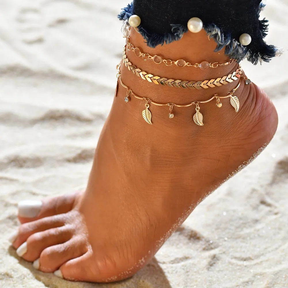 

3 Pcs Set Gold Plated Anklet Bracelet Multilayer Crystal Foot Chain Anklets Boho Sandal Foot Chain Ankelets