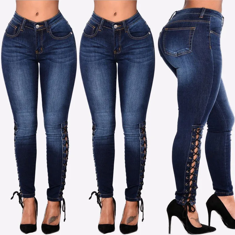 

Spring New Style Denim Jeans Women Pumping Rope Dark Blue Bandage Jeans For Women Trousers Pants