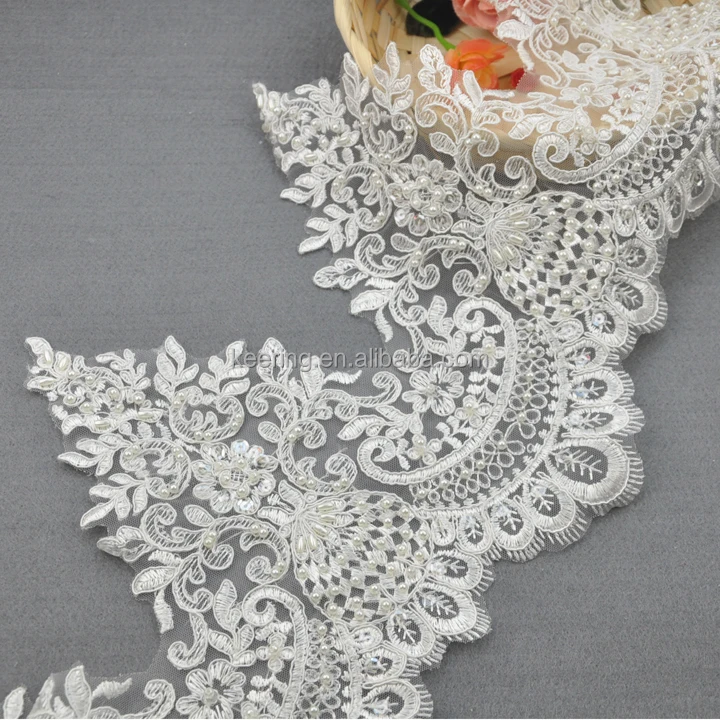 

2022 New design beautiful white flower polyester chemical lace sequin embroidery trim pearl border lace trimming WTPA-189