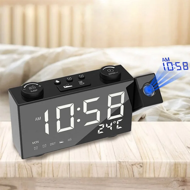 

Date Time Temperature Display Wireless FM Radio Snooze Sleep Desk ClockWall Projection LED Digital Alarm Clock