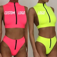 

Free Shipping Hot Sale Geometric Zipper Front High Waist Swimsuit Neon Swim Wear Women Two Piece High Cut Bikini Set