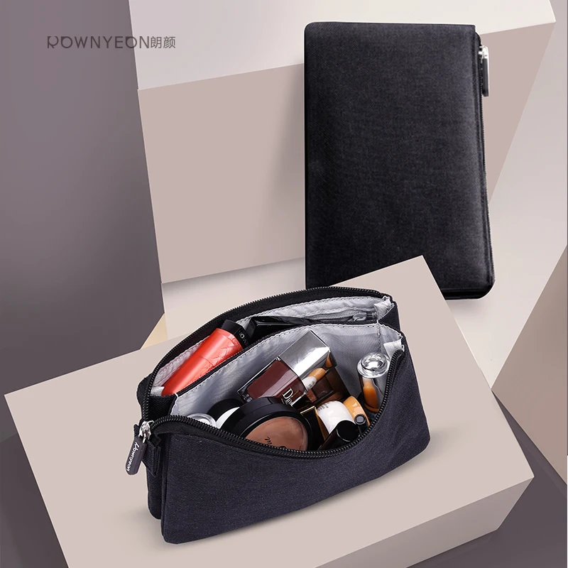 

Rownyeon Support Custom Sample Logo Black Gray Cotton Canvas Makeup Cosmetic Bag With Zipper