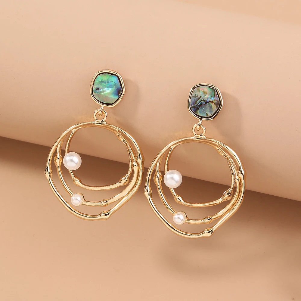 

Bohemian Natural Abalone Shellfish Stud Pearl Earring For Women Round Big Gold Hoop Earrings
