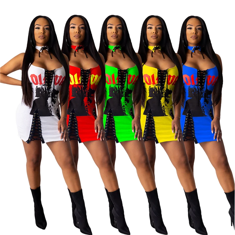 

New Arrivals Woman's Summer Dress Party Hollow Out Bandage Off Shoulder Club Dresses Bodycon Plus Size Halter Mini Dress, As picture