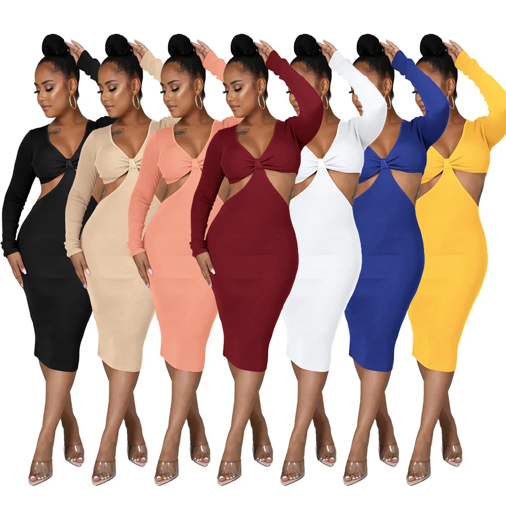 

wholesale niche women sweater cut out party dresses ruched dress long sleeve cutout, Solid color