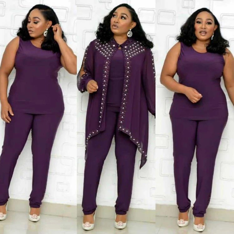 

African ethnic quality women's fashion casual suit chiffon hot drilling beads factory
