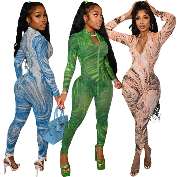 

Fashion Autumn Sexy Zipper Long Sleeve Printed Bodycon Womens Rompers One Piece Jumpsuit, Blue / brown / green