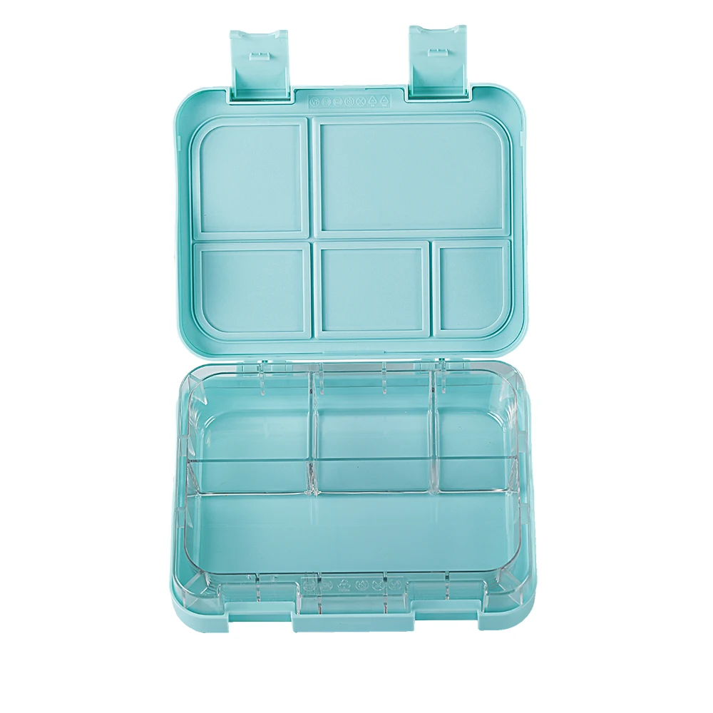 

Ready to Ship Quality Assurance plastic food container for kids and adults with 4 dividers leak proof lunch bento box, Light blue box with dark blue buckles