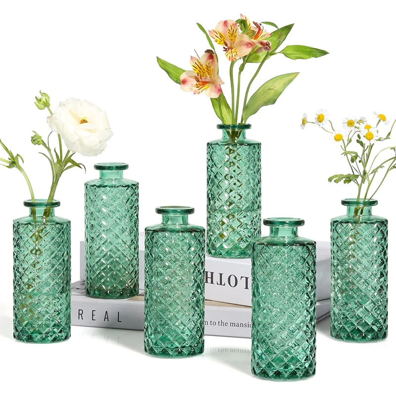 Mini Green Art Deco Glass Tabletop Vase Small Diamond Bud Vases for Vintage Home Decor Wedding & Gifts