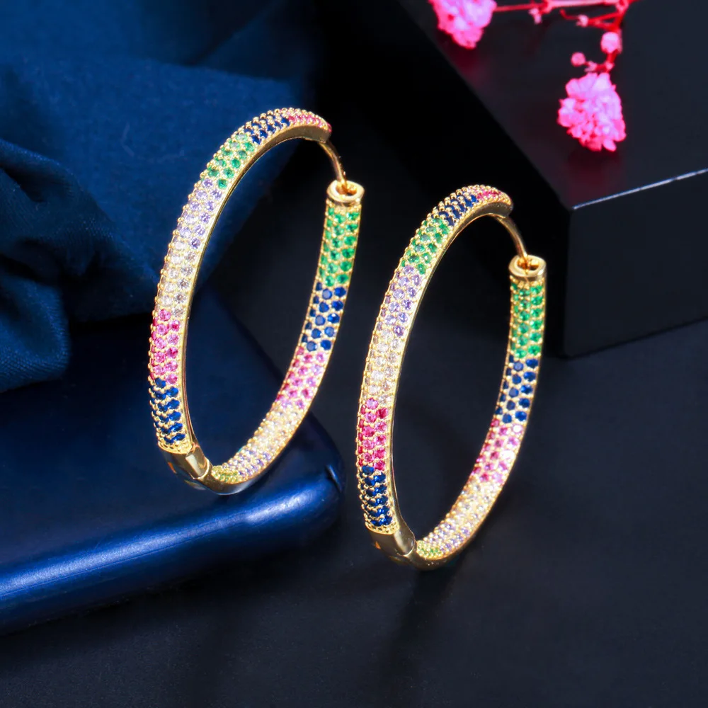 

European and American style fashion colorful Big Round Earrings copper inlaid zircon shiny women's versatile Earrings girl perso