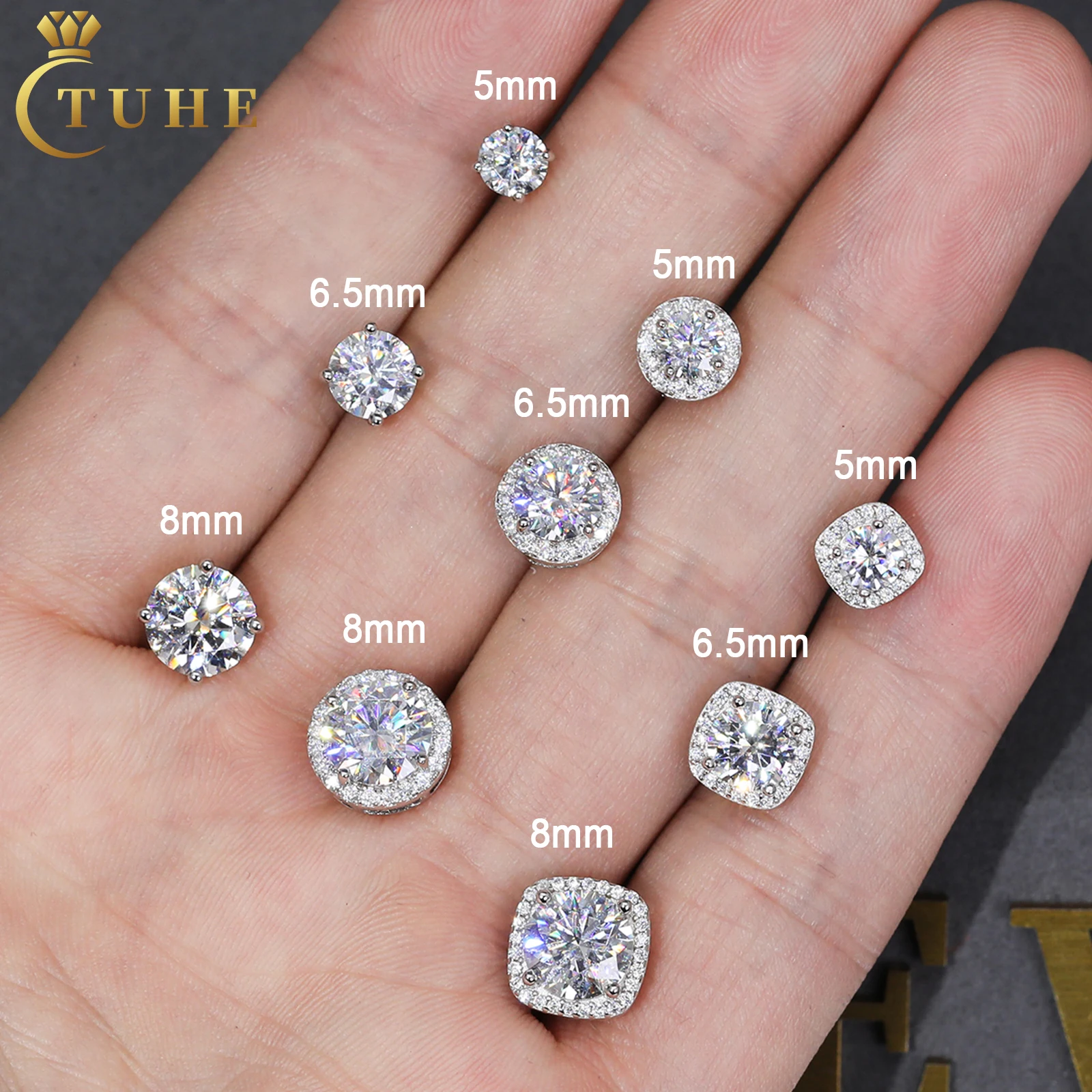 

Pass Diamond Tester 5mm 6.5mm 8mm Moissanite Magnetic Earrings 925 Sterling Silver Mossanite Diamond Halo Stud Earrings For Men