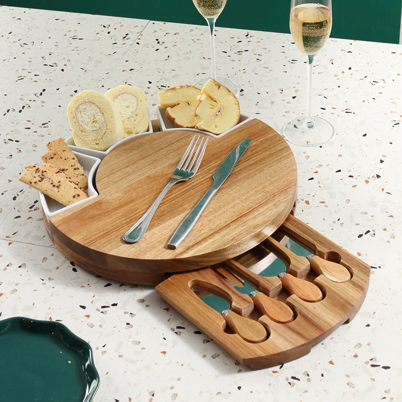 

Charcuterie Boards Acacia Round Platter Serving Tray Charcuttery Meat Platter With Knife Set with 3 cups, Natural acacia wood color