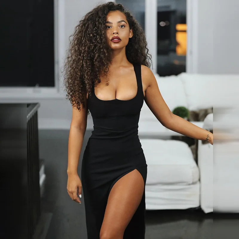 

2021 Summer New Women's Clothing Solid-color Sleeveless Square Collar High-waist Dress Fashion Casual Dress, Black