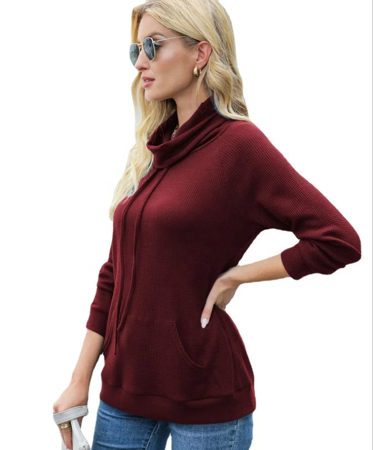 

Autumn hot selling woman fashion solid color long sleeve waffle knitwear high neck pocket top T-shirt, Picture showed