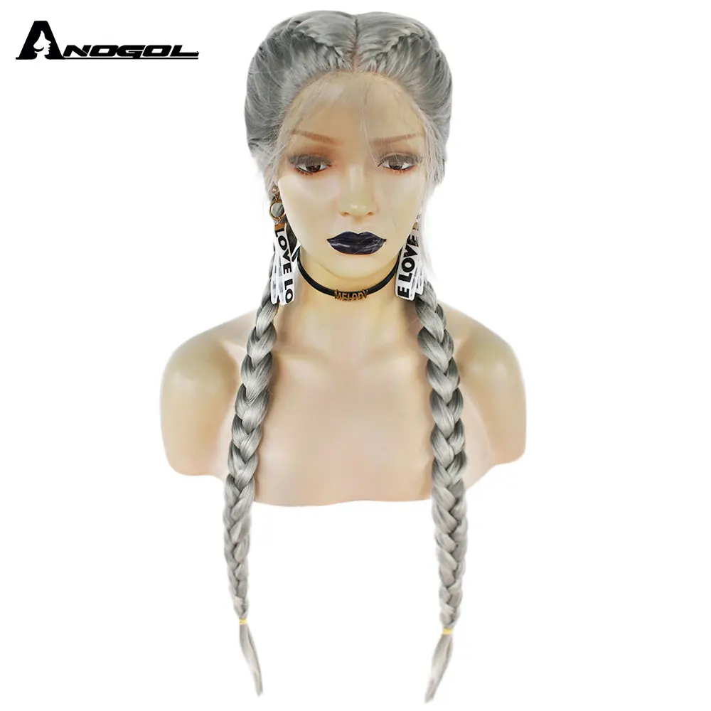 

Anogol Braided Gray Synthetic Lace Front Wig Heat Resistant Double Box Braid Wigs For Women, Silver gray wig