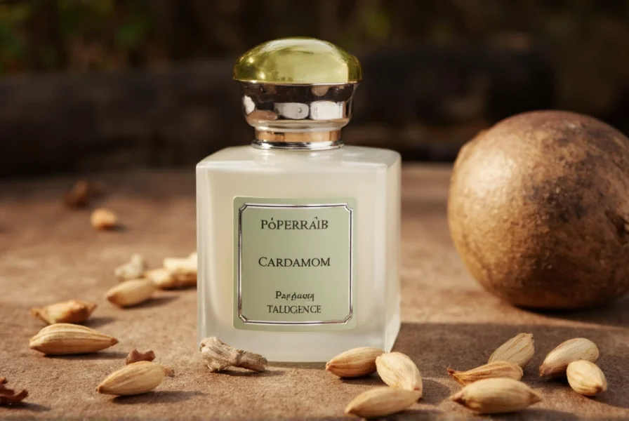 Perfumer working with glass beakers containing cardamom oil and other fragrance ingredients