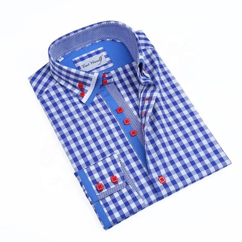 

2020 China factory Italian style double collar cotton check men long sleeve shirt