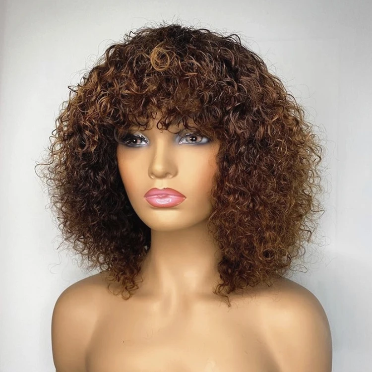 

Ombre Brown Color Afro Curls Deep Curly Bob Wig Raw Indian Full Cuticle Mink Human Hair Lace Front Wigs With Bang