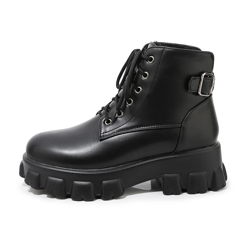 

Fashion Booties Motorcycle Boots Ladies 2020 Winter Platforms Belt buckle Boots Women, Black/white