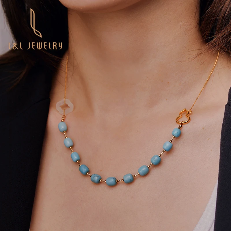 

new designed 24K gold 18K gold chain jade sky blue nature turquoise necklace clover gourd shape new year gift for woman