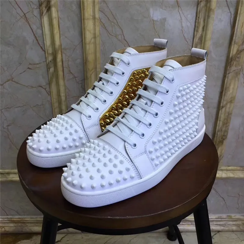 

2020 Spring Unisex Sneakers Flat High-top Rivet Casual Men Shoes Lace-up Cow Leather Women Sneakers Fashion Shoes