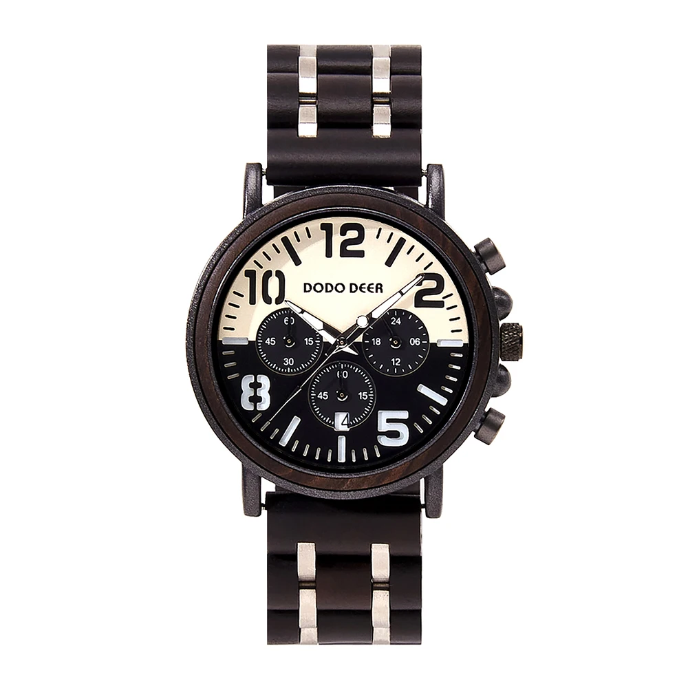 Black Sandal Wood Watch Quartz Chrono Men Wristwatch Multifunctional Stop Watch