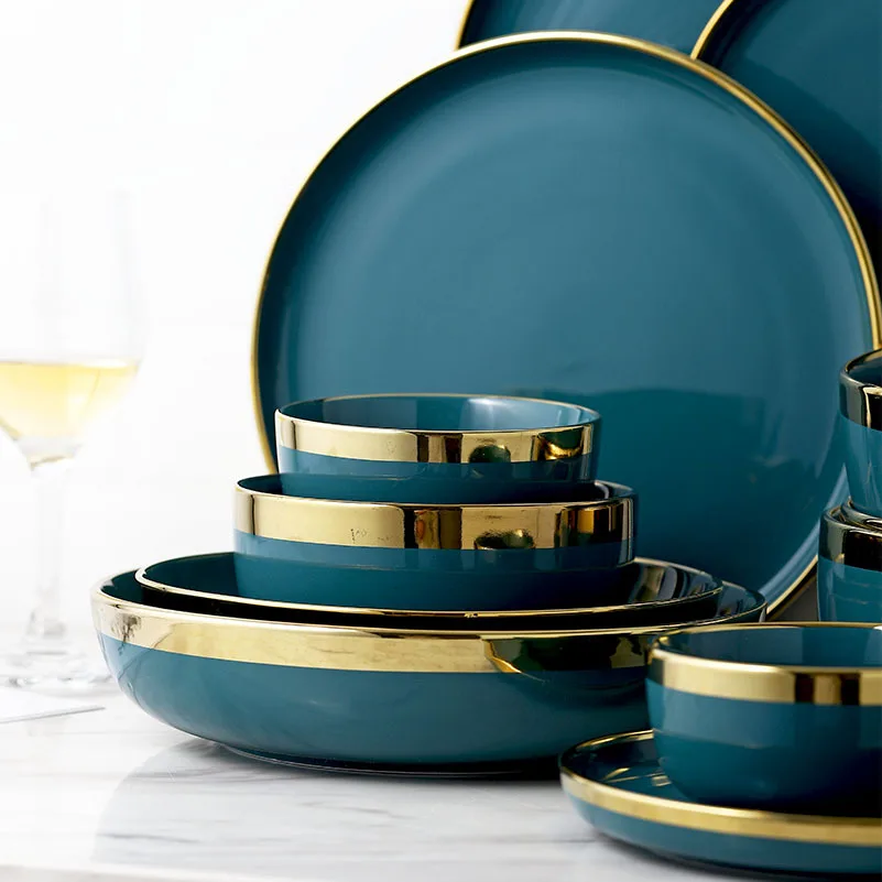 

Modern Gold Rim Green Porcelain Tableware Soup Salad Pasta Plate Rice Noodle Bowl Brazil Ceramic Dinnerware Sets