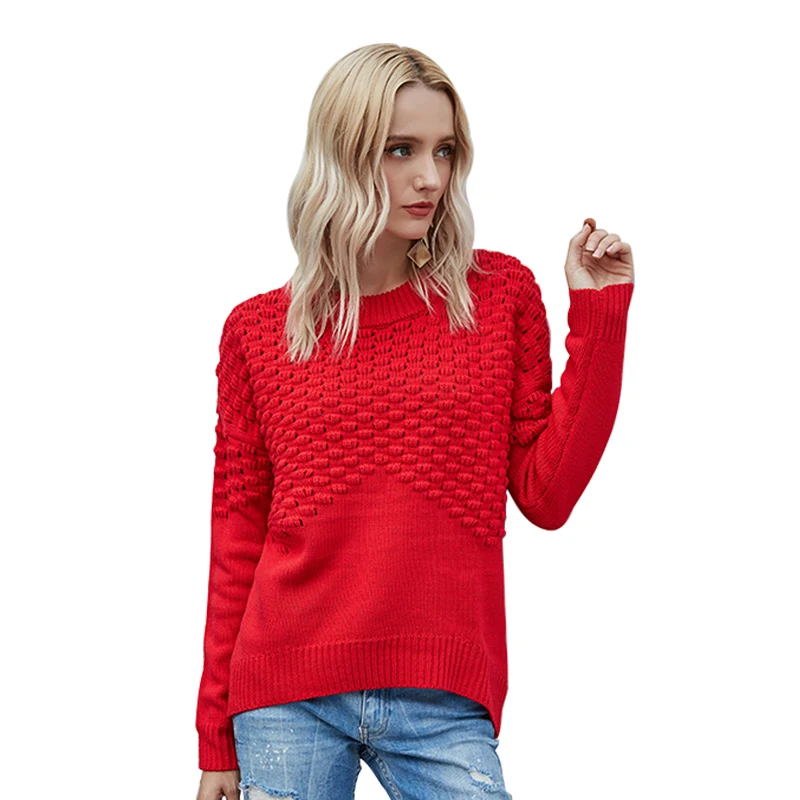 

New Spring Women O-neck Knitted Pullover Top Solid Color Knitted Pullovers Casual Sweater, Red and brown